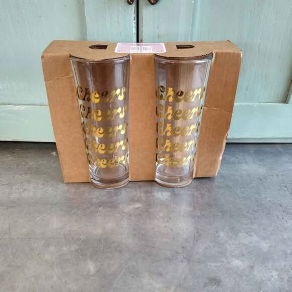 NEW 2 PK 6" Tall Gold Print Cheers Clear Glasses - Picture 1 of 9